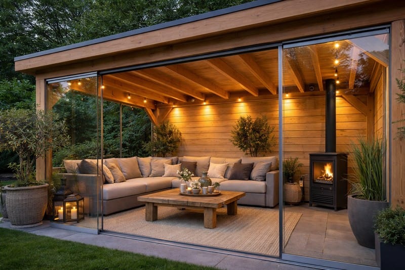 Douglas overkapping met schuifwanden inrichten