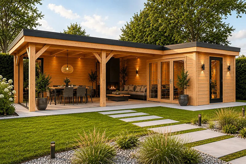 Tuinhuis met overkapping L-vorm